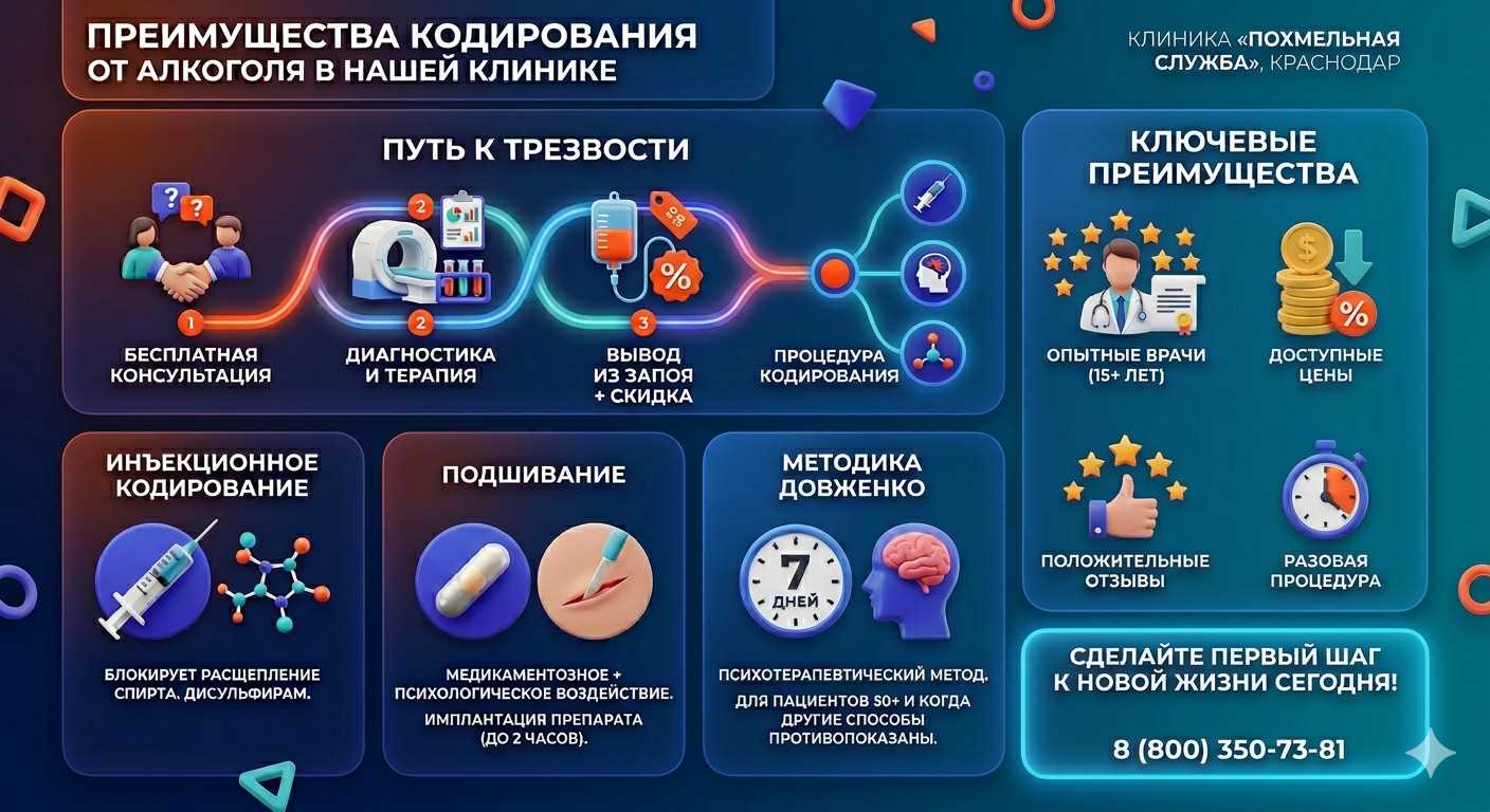 Инфографика о методах кодирования от алкоголя в Усть-Камчатске: инъекции, подшивание, метод Довженко. Преимущества клиники и этапы лечения.