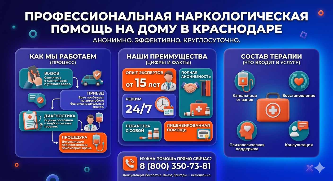 Инфографика о принципах лечения алкоголизма на дому в Усть-Камчатске: этапы вызова нарколога, преимущества анонимной детоксикации и состав медицинской помощи.